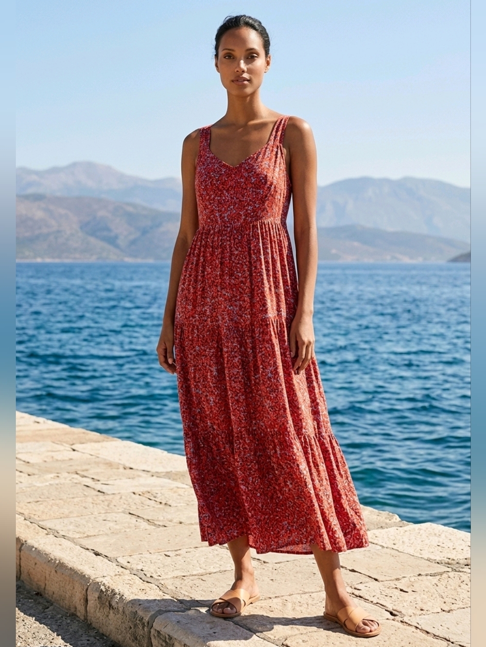 Anthro SEE U SOON Red Sleevless Floral Maxi Sundress